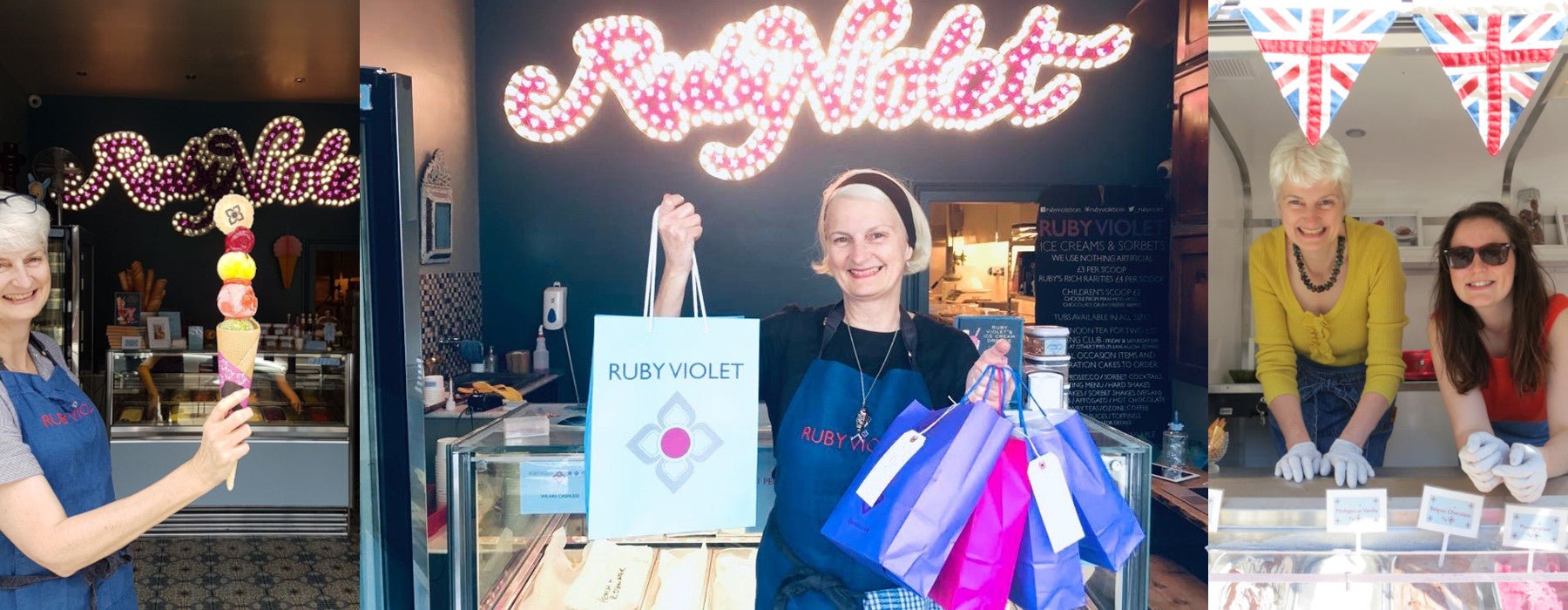 Three pictures of Julie, the founder of Ruby Violet, through the years