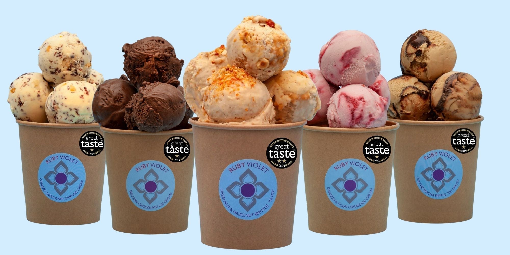 5 award winning ice cream tubs in a row with colourful scoops of ice cream on top 