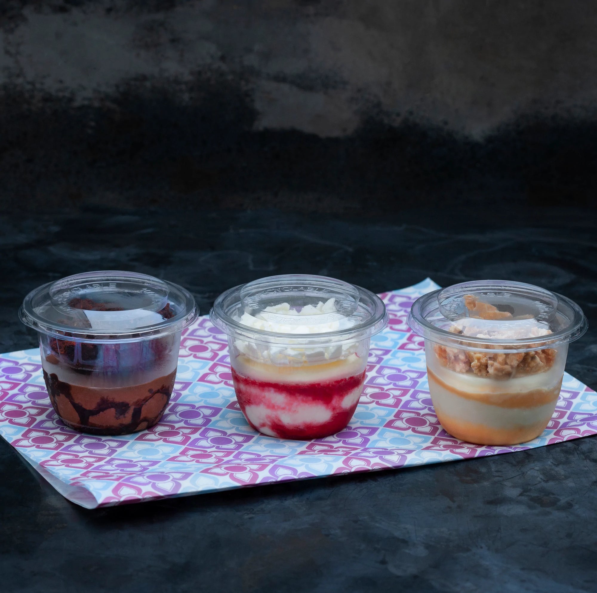 Three ice cream sundaes in different flavours