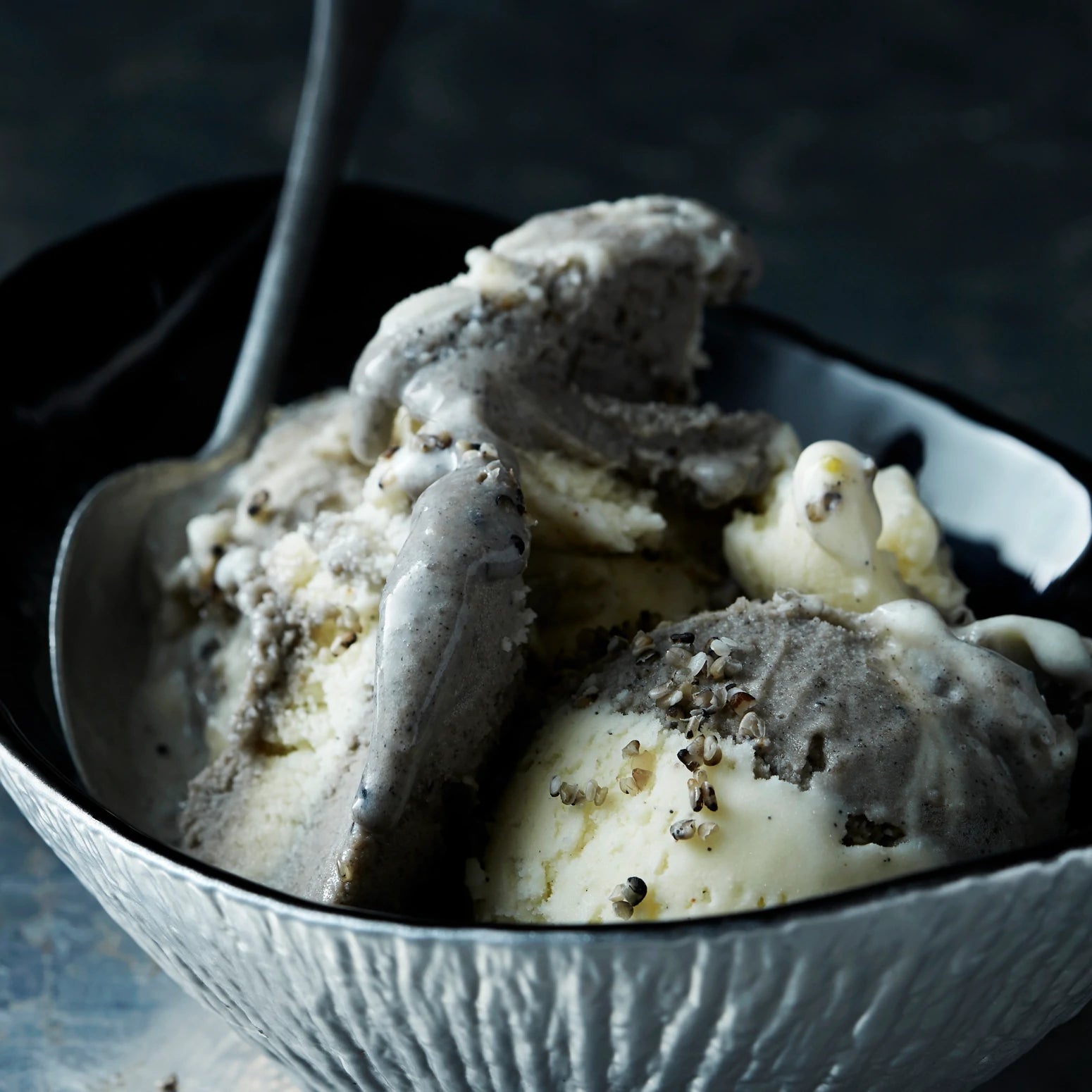 Black sesame ice cream in a bowl