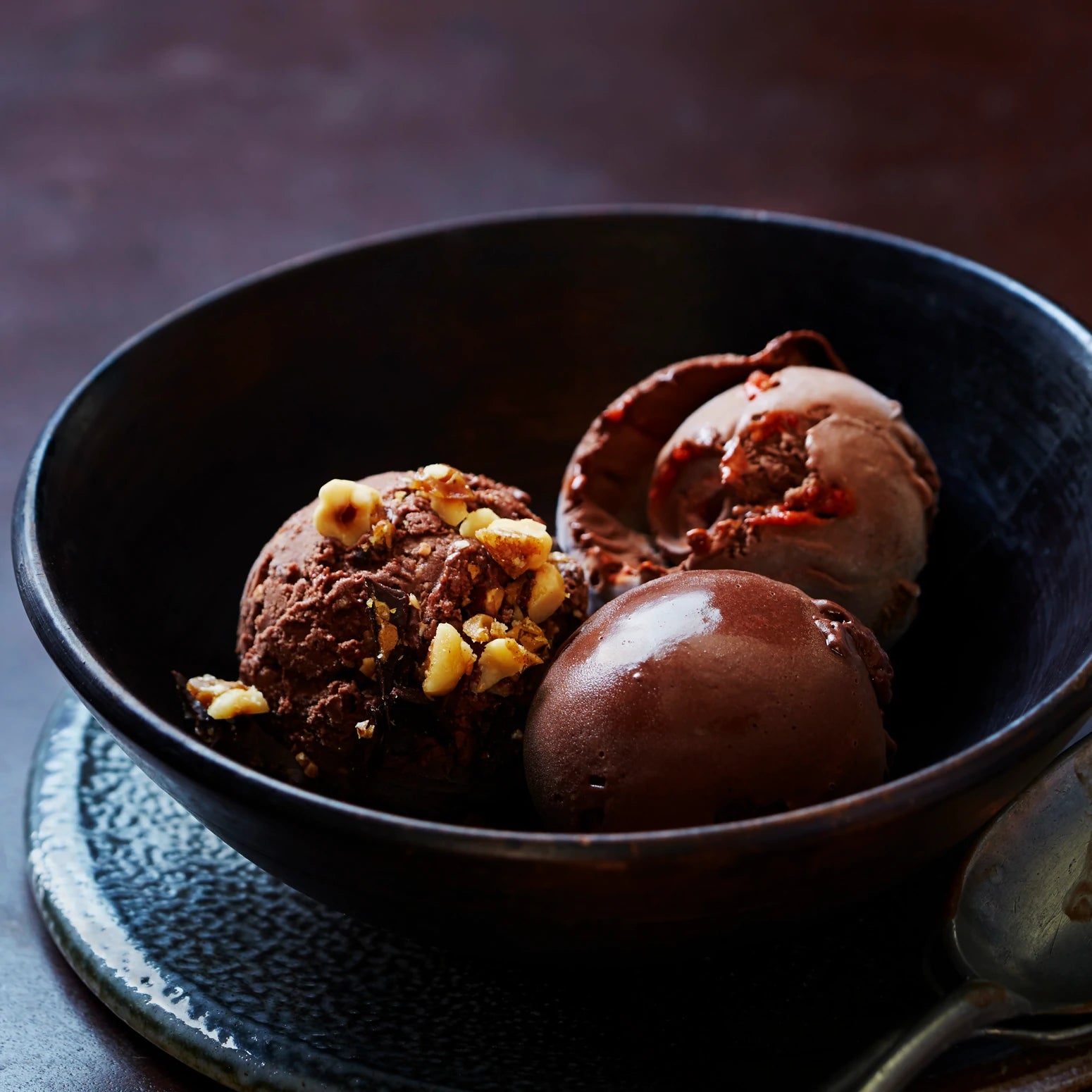 Three scoops of Belgian Chocolate with hazelnut crunch