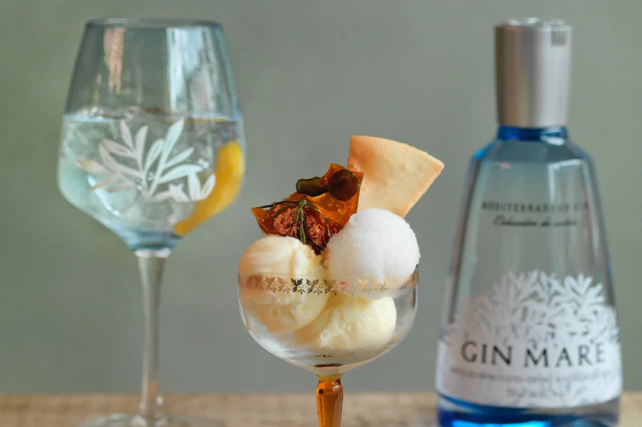 Scoops of bespoke ice creams and sorbet made for Gin Mare, with bespoke toppings