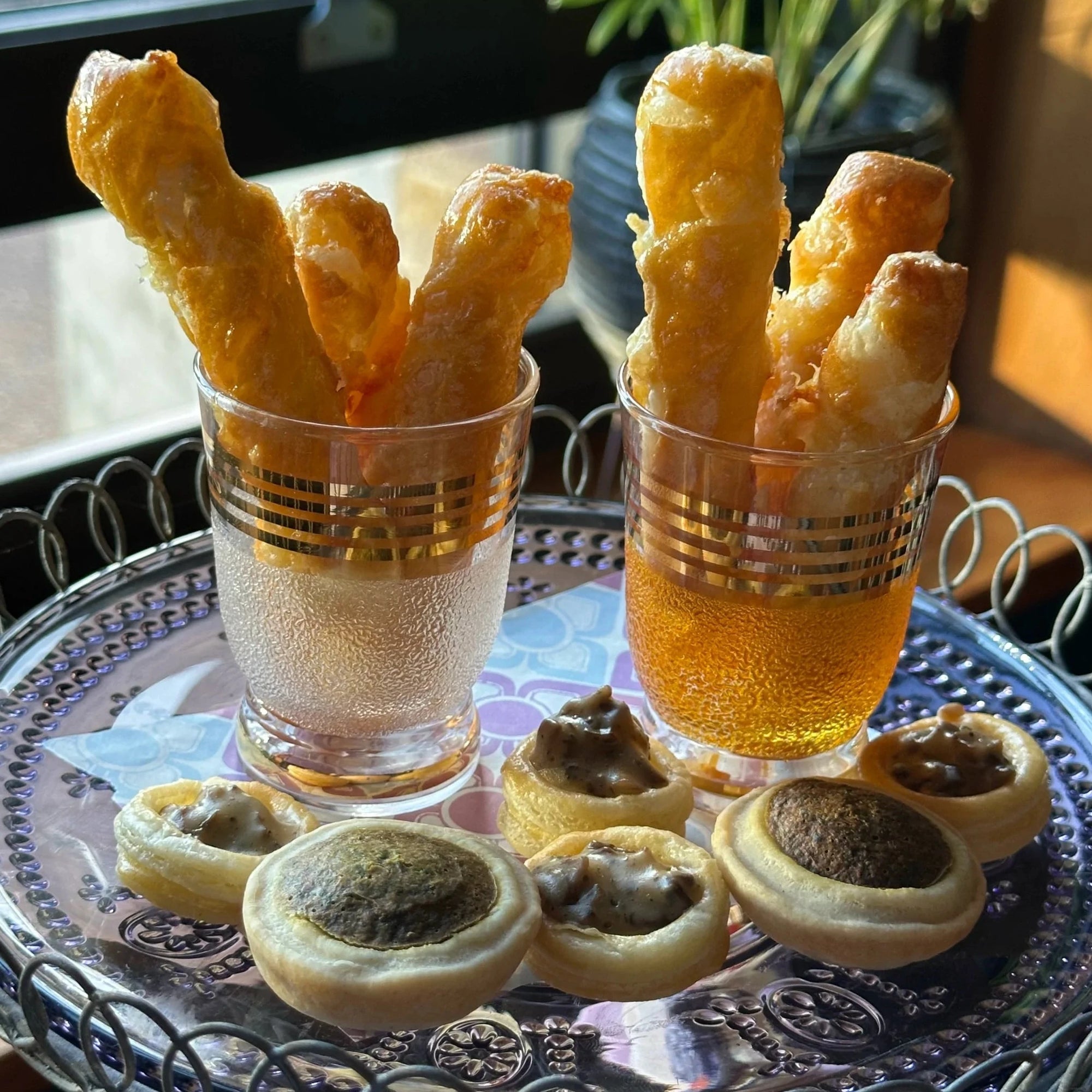 The savouy items in the afternoon tea on a tray