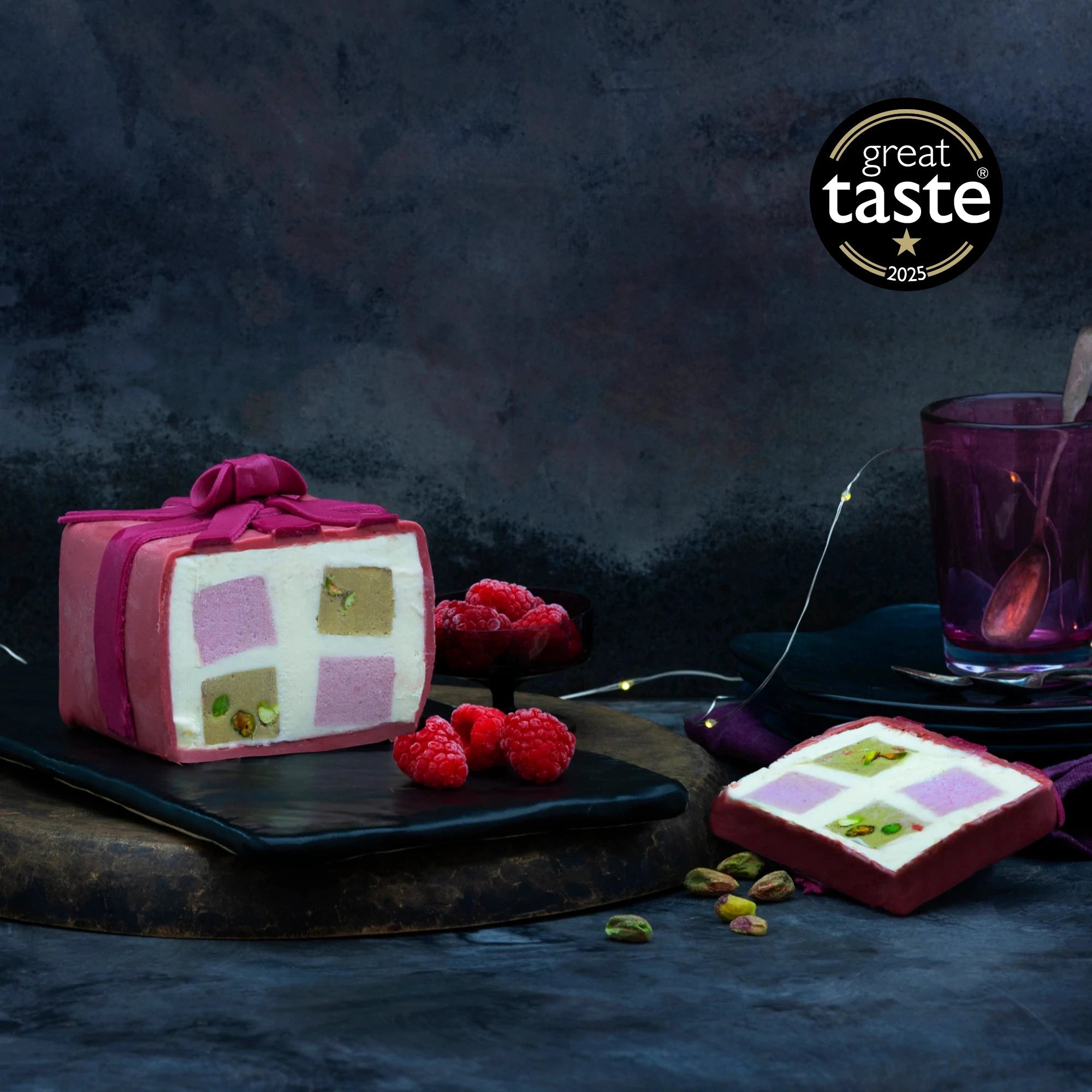FANCY NANCY PISTACHIO & RASPBERRY CUBE - Ruby Violet Ice Cream & Sorbet