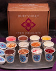 Tray of Ruby Violet individual ice cream tubs with a branded box in the background