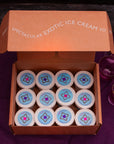 Box with 12 individual ice cream and sorbet tubs with their lid on, seen from above