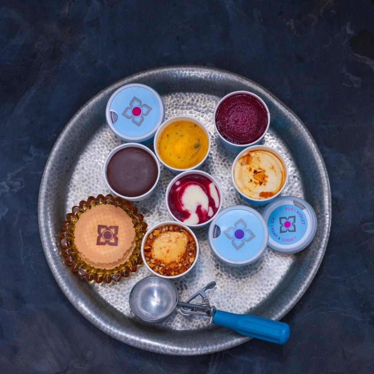 TINY TUBS SELECTION of ice creams and sorbets seen from above - Ruby Violet Ice Cream & Sorbet