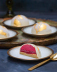 Vegan raspberry bombe cut open on a tray